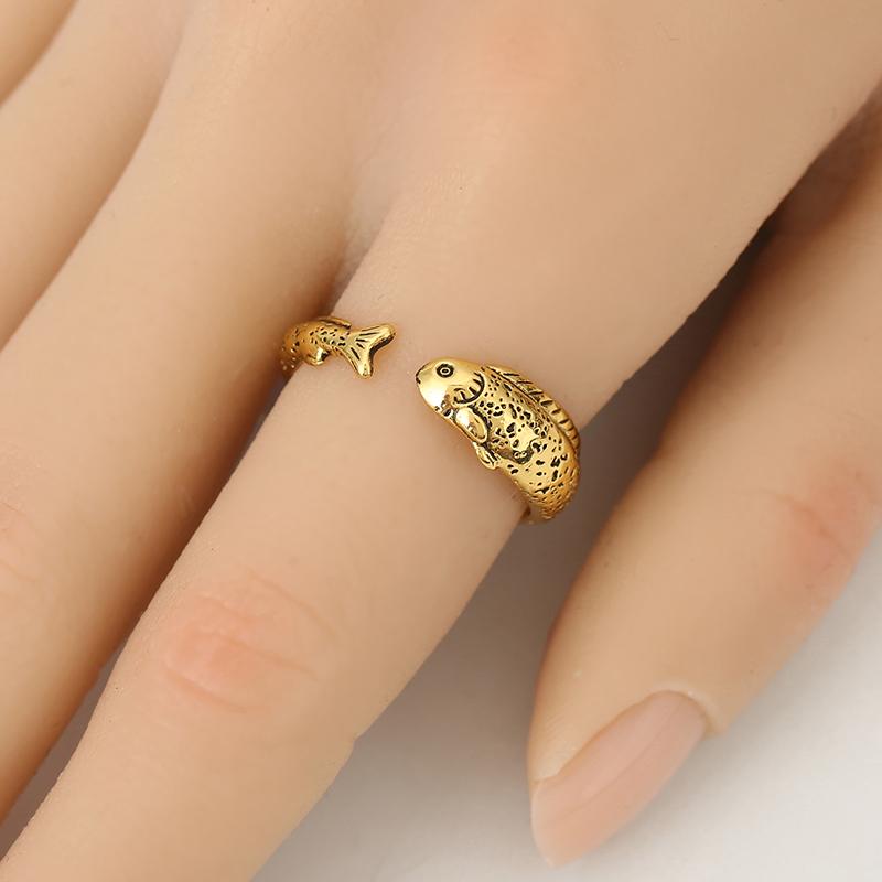 Niche Simple Fish Shaped Ring Distressed Gold Vintage Adjustable Ring Silver Alloy Retro Open Ring Unisex