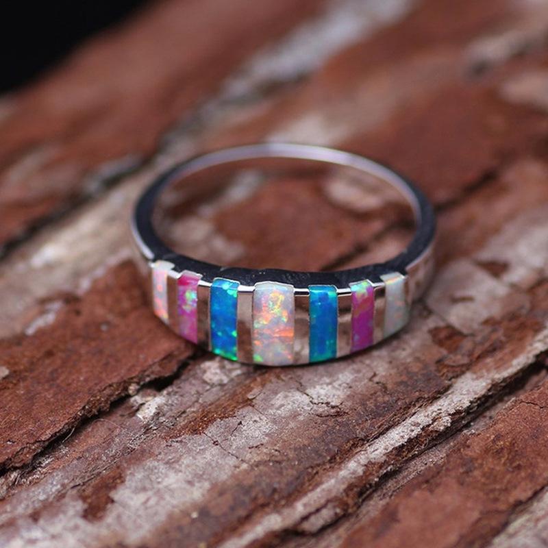 Milangirl Neue Regenbogen-Opal-Eheringe für Damen Blauer Ring Verlobungsring Zinklegierung Zirkonringe als Ehering Damen Geschenk