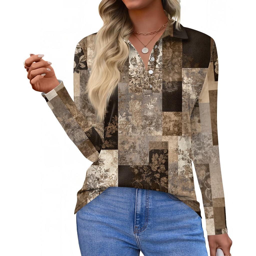 Damenmode Casual Revers Kurze Langarm Print Shirt Damen Button Up Tops