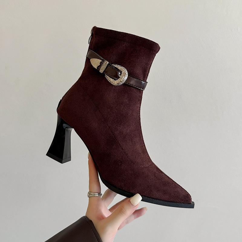 French Pointed Thick Heel Fashion Ankle Boots for Women in Autumn and Winter 2025, New Suede Style High-heeled Bare Boots