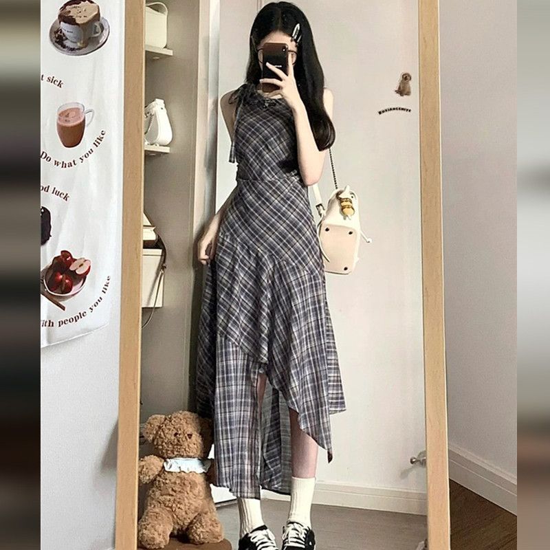 Retro Plaid Dress Women's Summer Temperament Waist Vest Skirt Design Sense Niche Irregular A-shaped Skirt Long Skirt