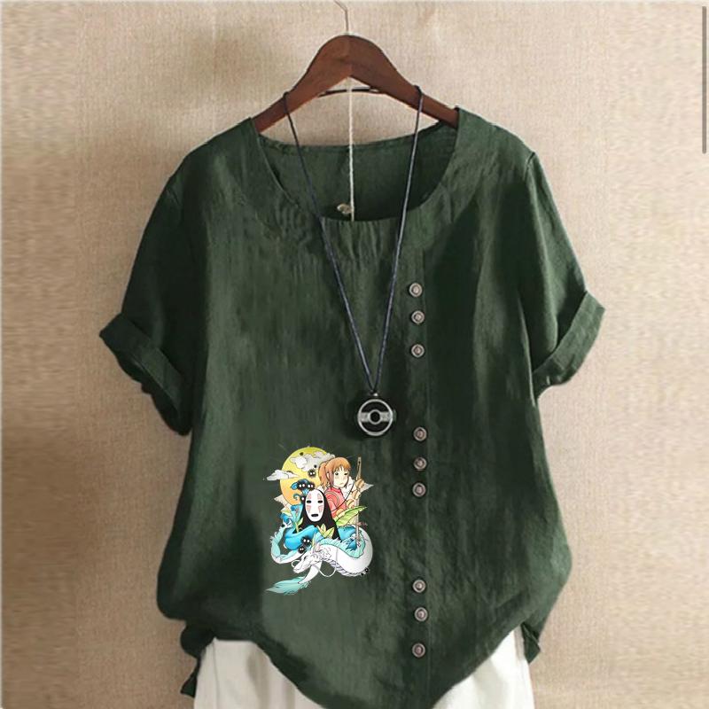 Women's New Fashion Linen Shirt Round Neck Short Sleeve Cartoon Characters Pattern Printed T-shirt Summer Ladies Casual Plus Size Blouse Tops