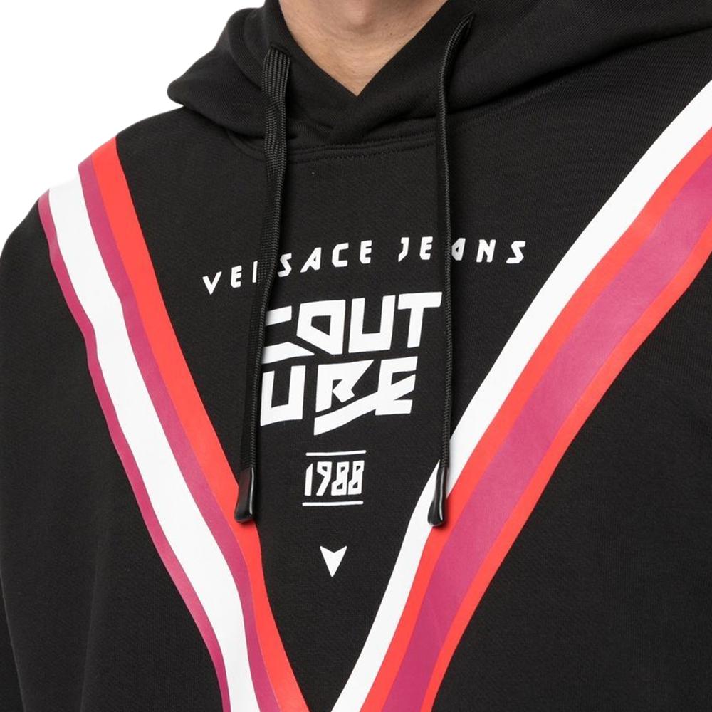 Versace FW22 Striped Letter Detail Hooded Drawstring Pullover Long Sleeve Sweatshirt Men sweatshirt Black 73GAIP10-CF00P-899