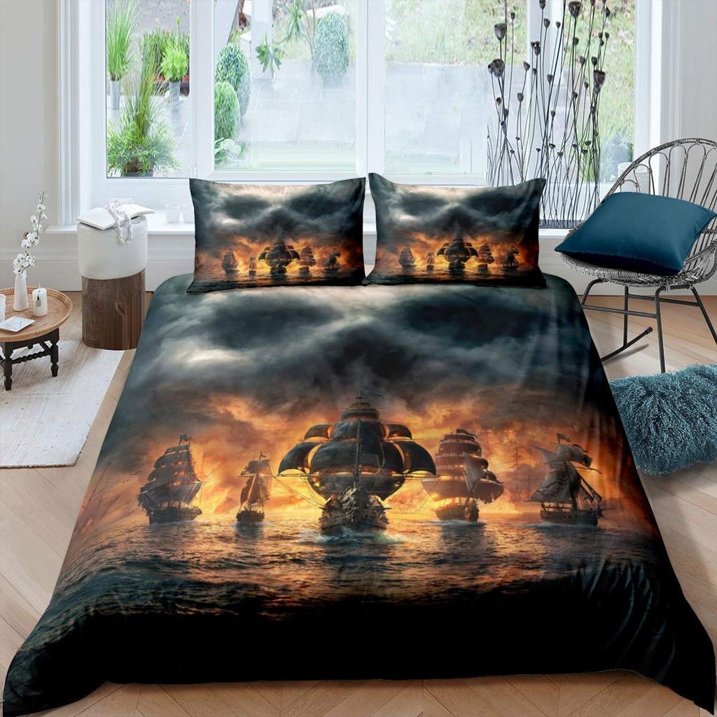 Pirate Duvet Cover Set Queen Sailboat Comforter Set Nautical Ocean Bedding Set Cool Style Quilt Cover Wave Print Decor Bedspread
