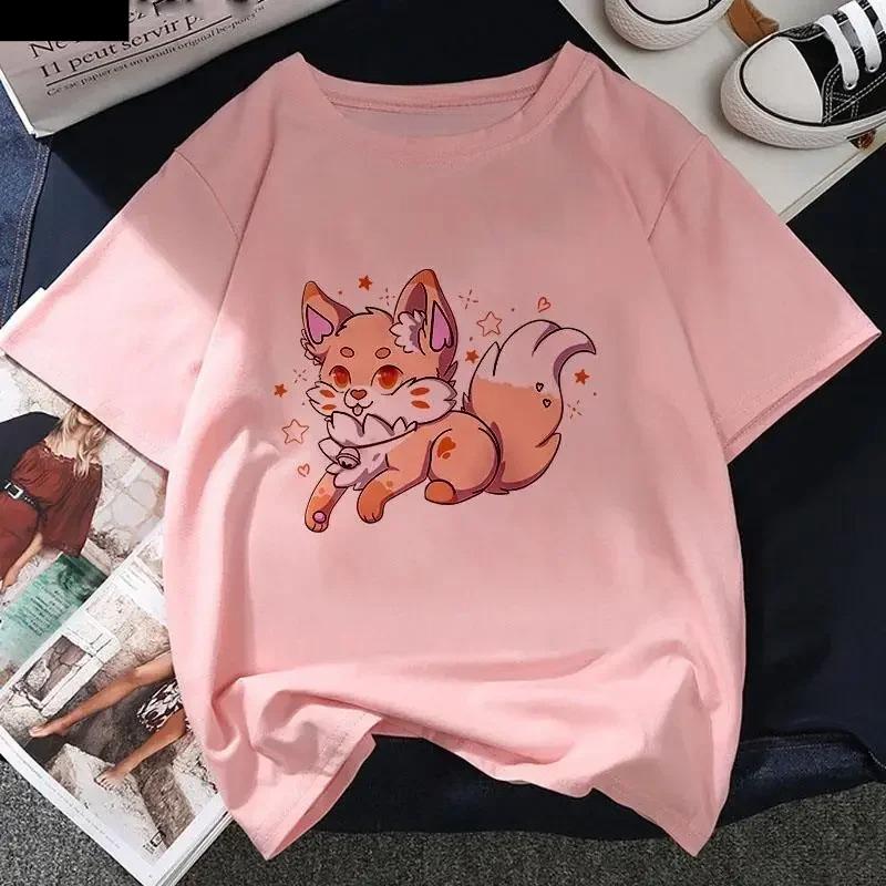 Kawaii Fox Print Ladies Tshirt Ladies Casual Basis Ocollar White T Shirt Short Sleeve Ladies Tshirt Cute Animal Graphics Tops