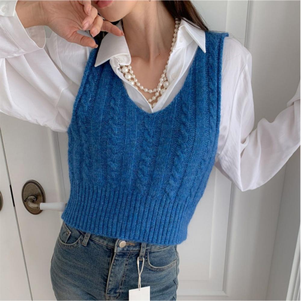 Open Run Women V Neck Wool Mohair Vest Slim