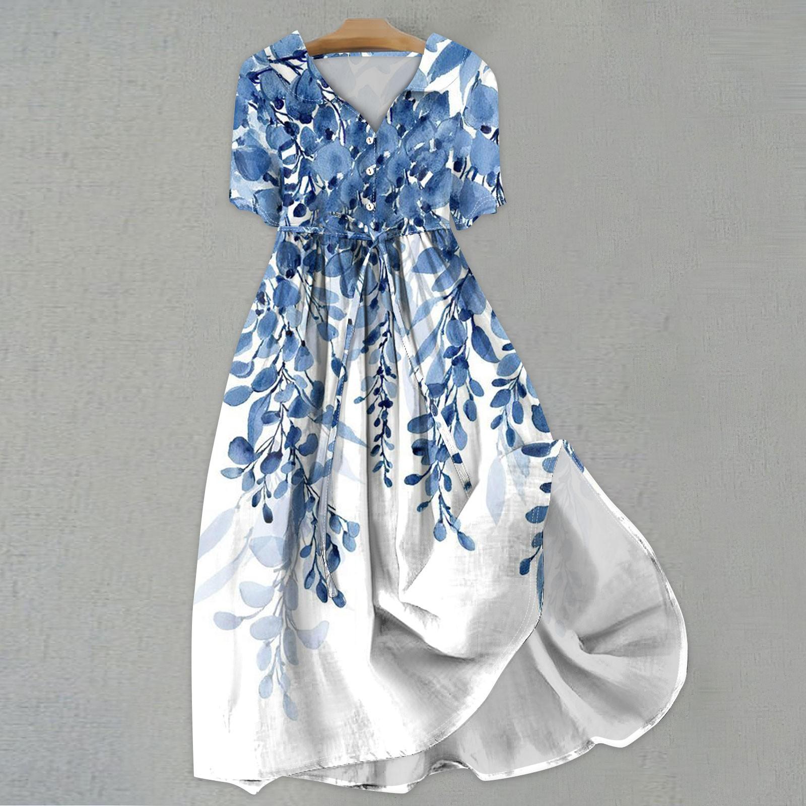 

Женская мода повседневное платье с воротником с лацканами и короткими рукавами с принтом и ремнями L синий