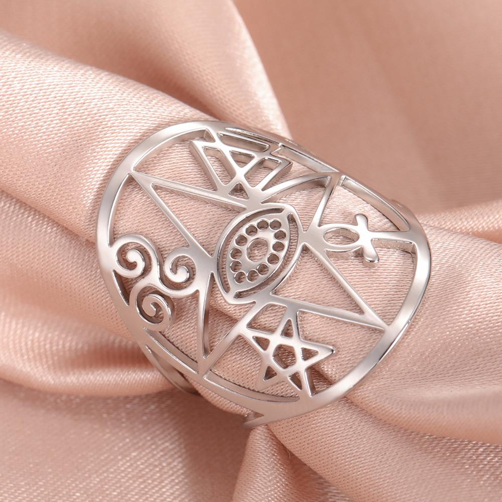 Dawapara Coexist Spiritual Symbols Adjustable Ring Good Luck Amulet Peace Unity Religious Dharma Wheel of Life Stainless Steel