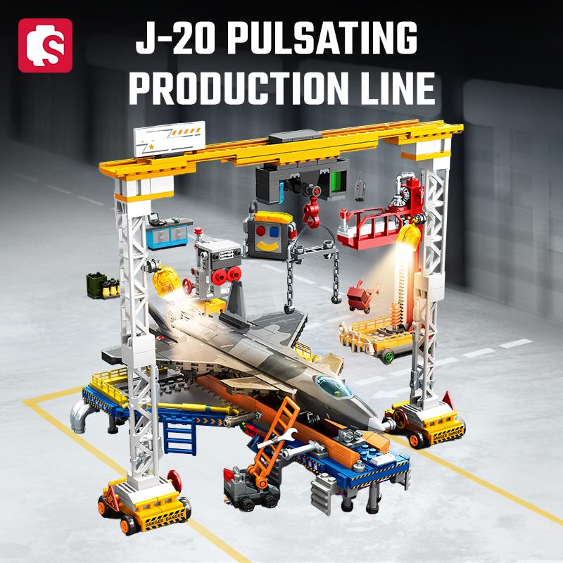 SEMBO 1154pcs J-20 Fighter Production Line Scene Assemblage Building Blocks MOC Military Series Aircraft Model Bricks Kids Gifts