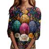 Women's Fashion Casual Easter Printed V-neck Short Sleeve Decorative Button Seven Sleeve T-shirt Top