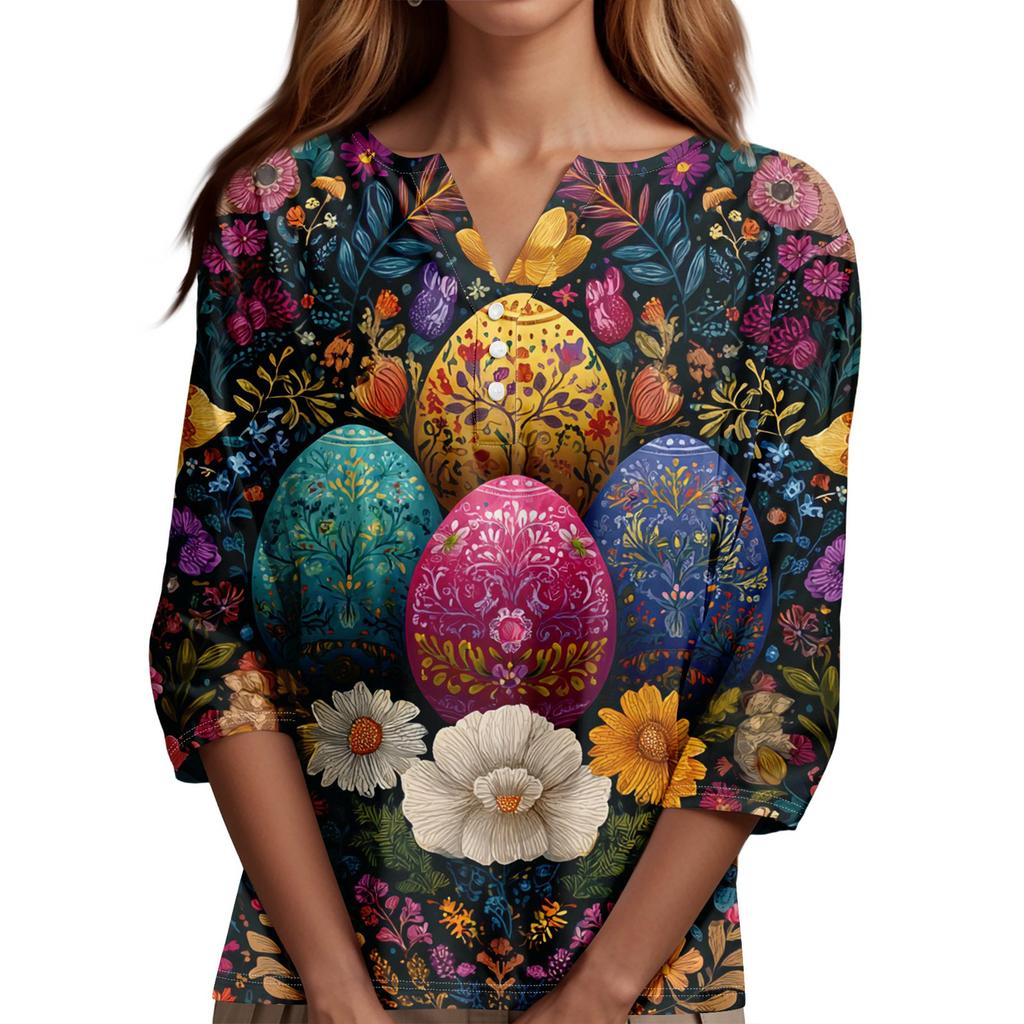 Women's Fashion Casual Easter Printed V-neck Short Sleeve Decorative Button Seven Sleeve T-shirt Top