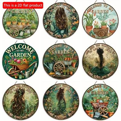 1pc 2d Flat Vintage Garden Round Wooden Sign - 20cm, Welcome and Motivational Quotes Sign, Home Living Room Office Garden Garage Decoration, Gift
