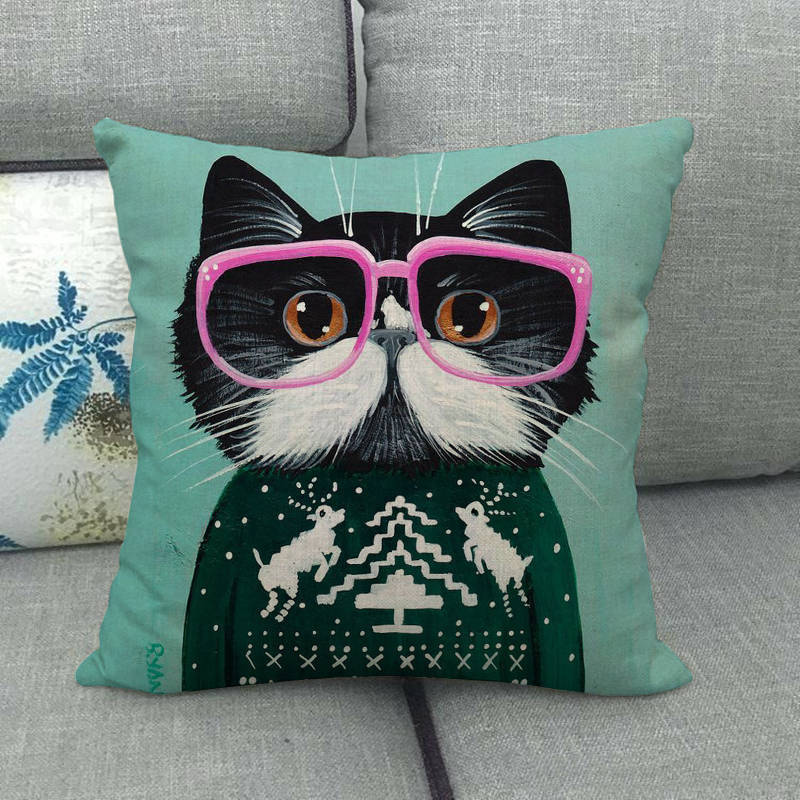 Cartoon Cat Pattern Series Super Soft Cotton and Linen Material Pillow Cover for Home Sofa Decoration Pillow Cover