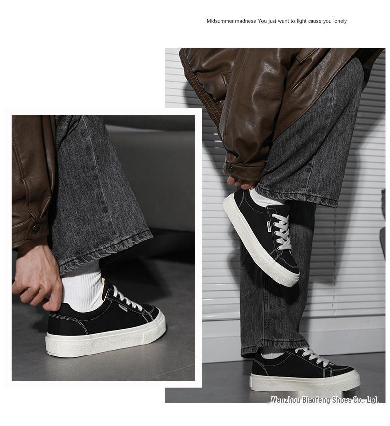 Men's 2025 Spring Black Canvas Thick-Soled Sneakers - Casual & Versatile for Students and Couples