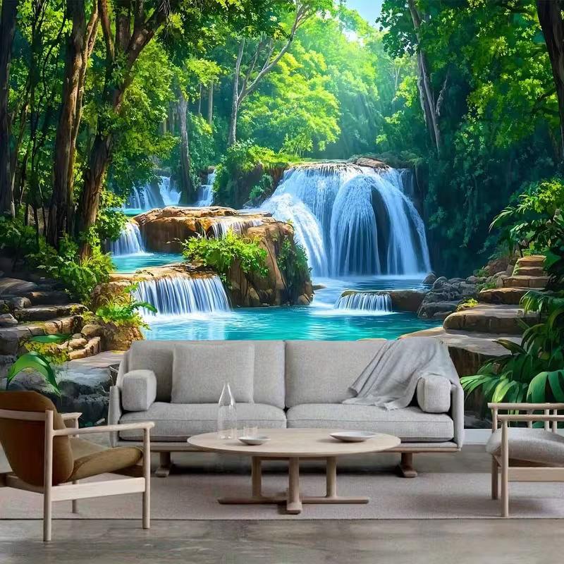 2D Turquoise Pool Waterfall Backdrop Lush Tropical Forest Photography Background Cloth
