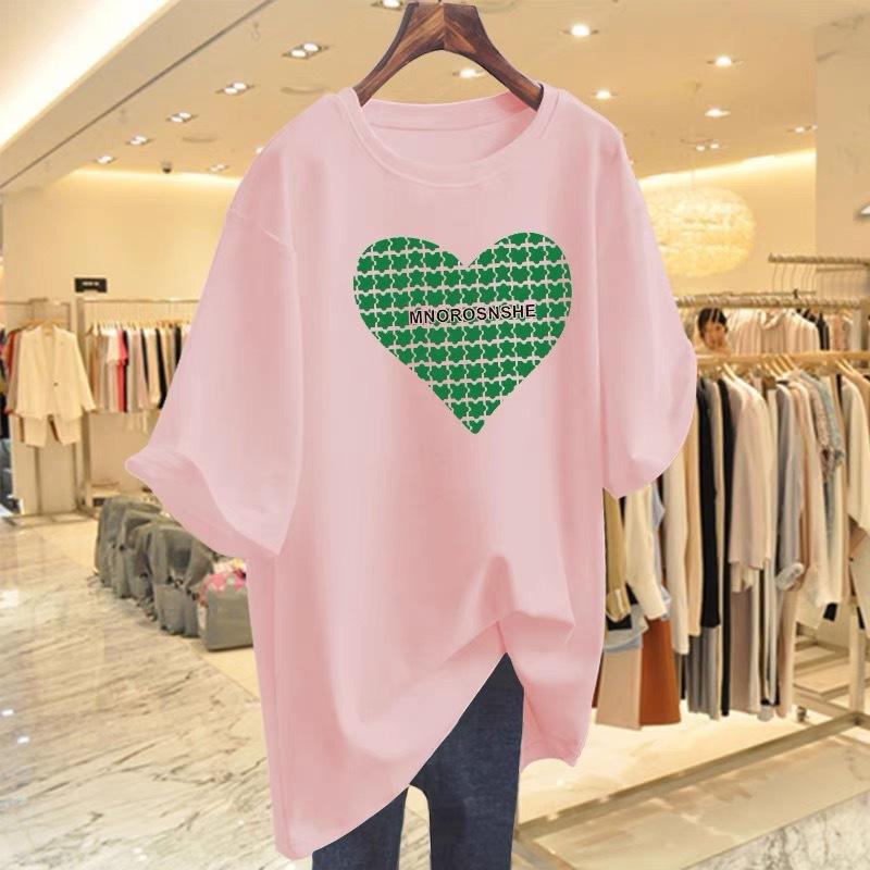 

Pink T-shirt women s summer short sleeves 2025 new love pure cotton medium and long loose European t-shirt clothes ins S