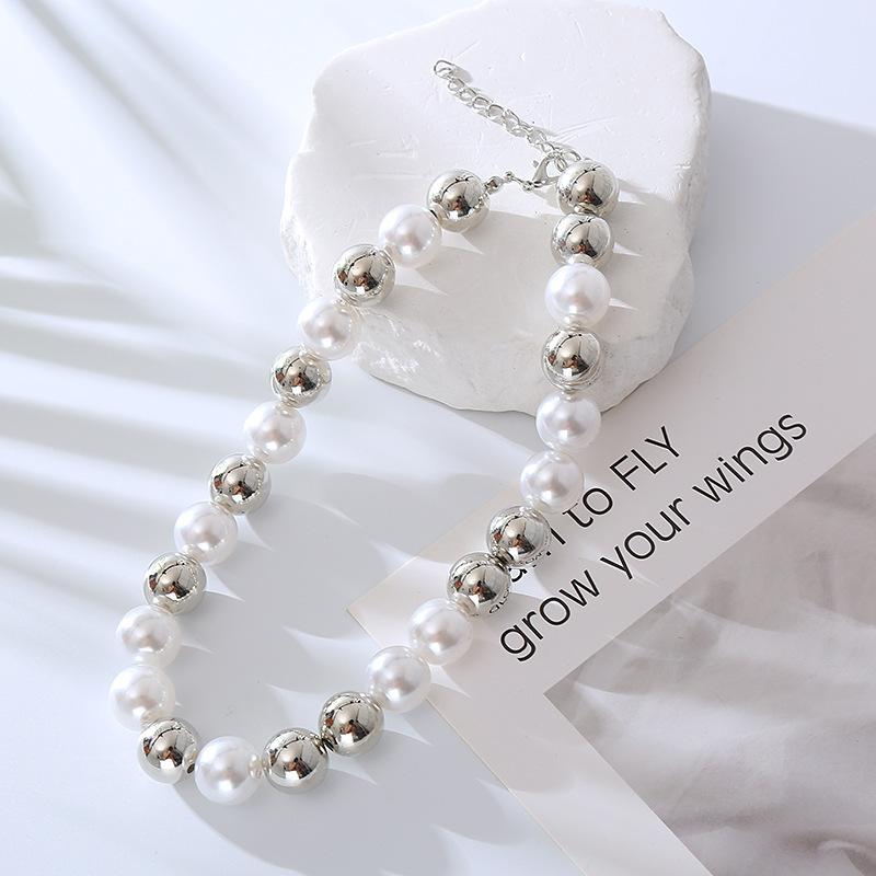 Necklace women's fashion style CCB round beads imitation pearl necklace hip hop stacked necklace with jewelry