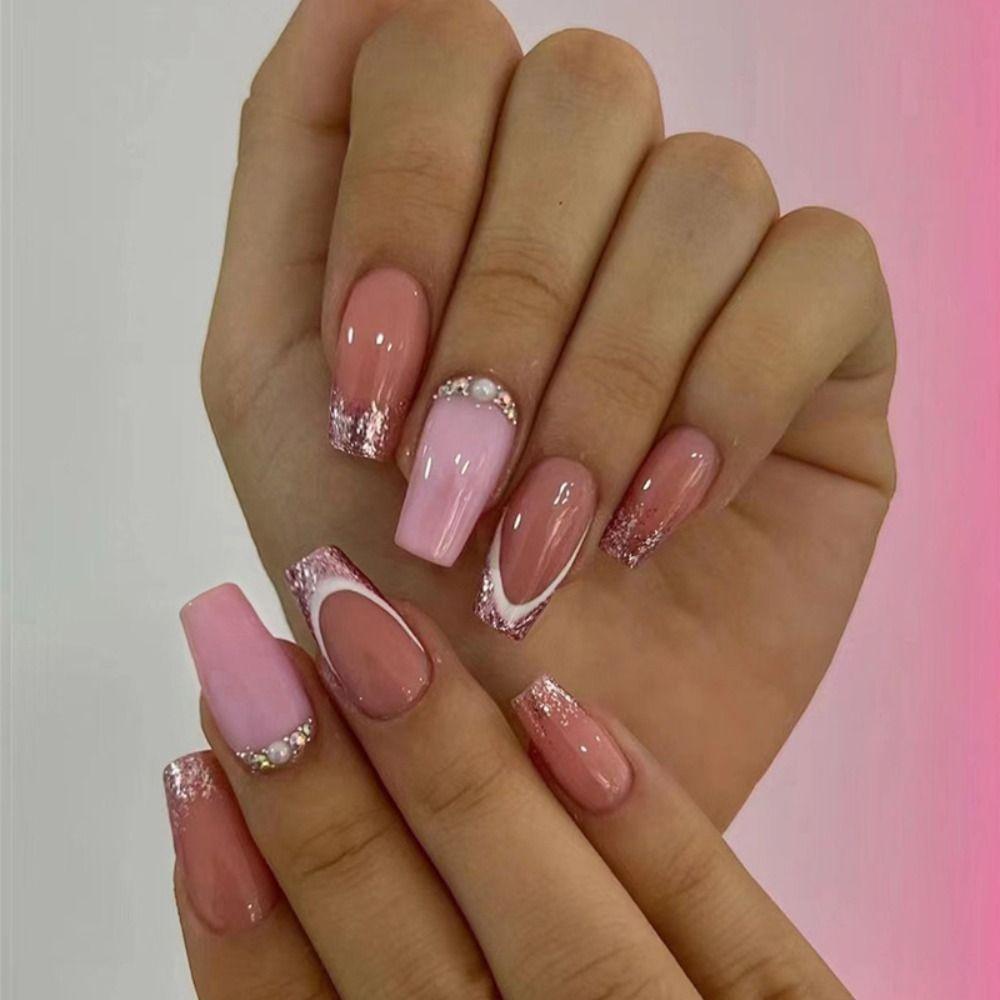 

Блестящие французские хрустальные накладные ногти, длинные балерины, накладные ногти, новые накладные ногти для женщин и девочек