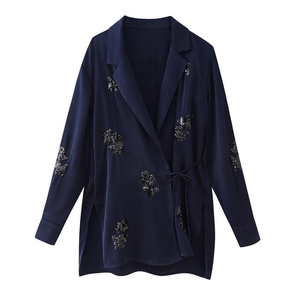 Women's 2024 Summer Sequin Silk Satin Lapel Suit Jacket - European & American Fashion, Casual & Loose.