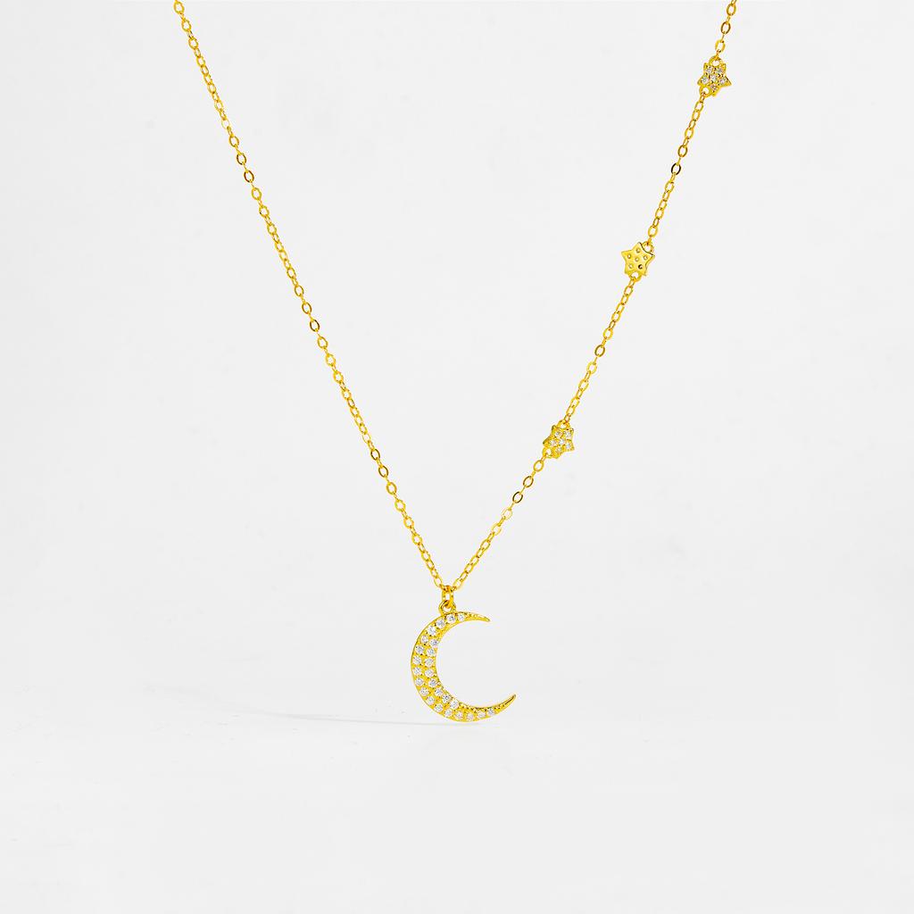 Sterling Silver Moon Star Zircon Necklace Pendant Long Chain  Luxury Classical Fine Jewelry Women Gift