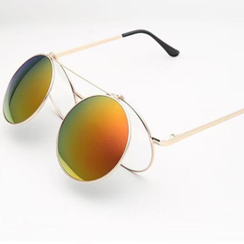 Year Retro Round Sunglasses Large Frame Prince Glasses Men'S And Women'S Metal Flip Sunglasses Double Layer Lenses