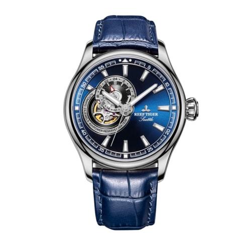 

Мужские повседневные часы Reef Tiger с браслетом из нержавеющей стали и кожи, автоматический турбийон, RGA1639, RGA1639-YLL