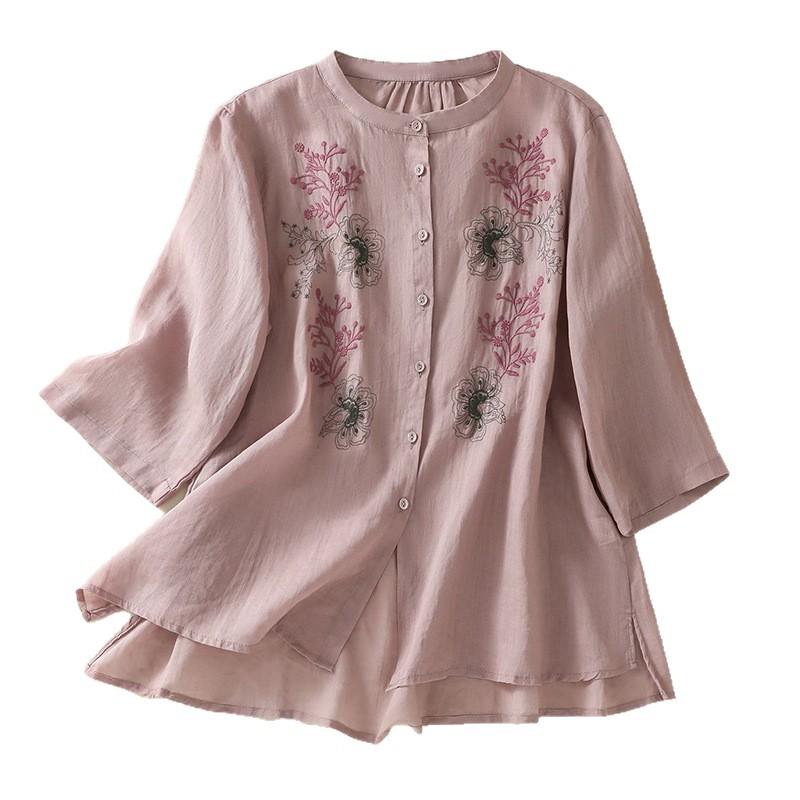 Cotton and Linen Half-sleeved Short-sleeved Embroidered Shirt Spring and Summer New Versatile Literary and Retro Versatile Loose Meat-covering