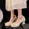 Fashion Bow Block Heel Single Shoes Autumn New Square Toe Shallow Mouth Beaded One Strap Anti-Slip Wear-Resistant High Heels