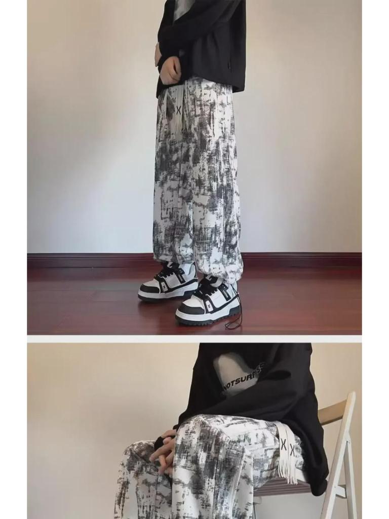 Men's Autumn Tie-Dye Loose-Fit Retro Straight Pants with Velvet