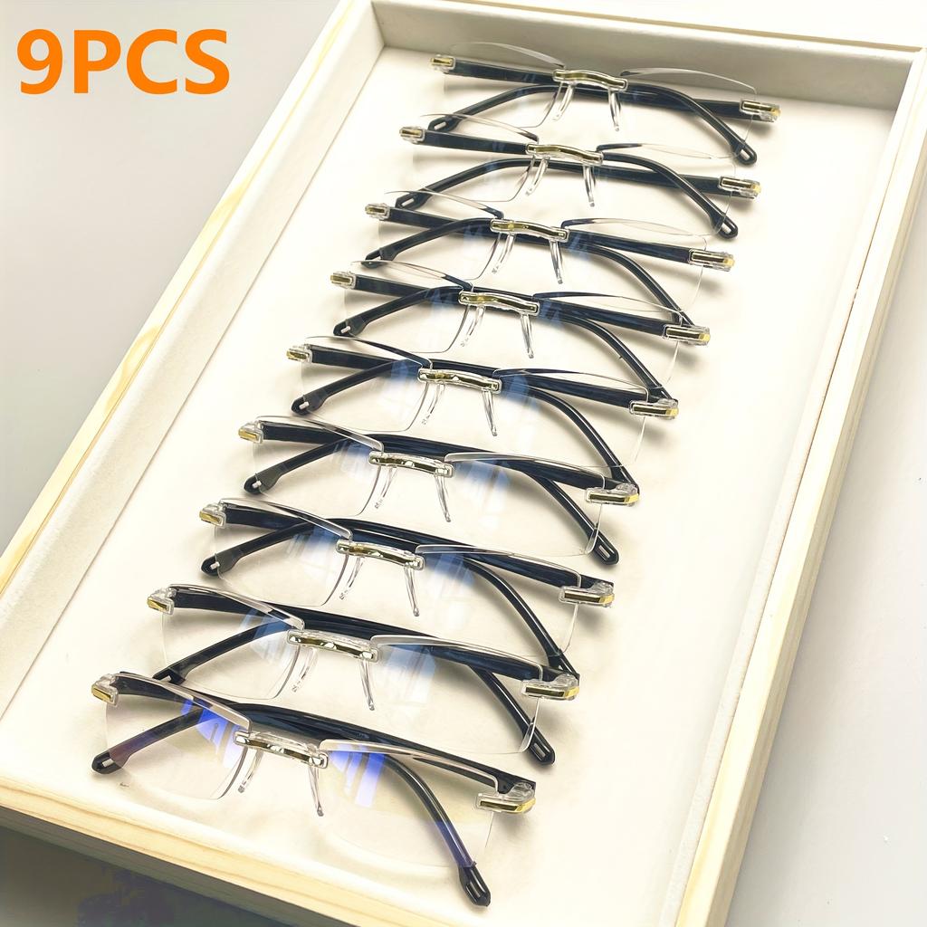 9-Pack Vintage Style Rimless Reading Glasses - Rectangular Frame Blue Light Blocking Anti-Fatigue Unisex Lightweight PC