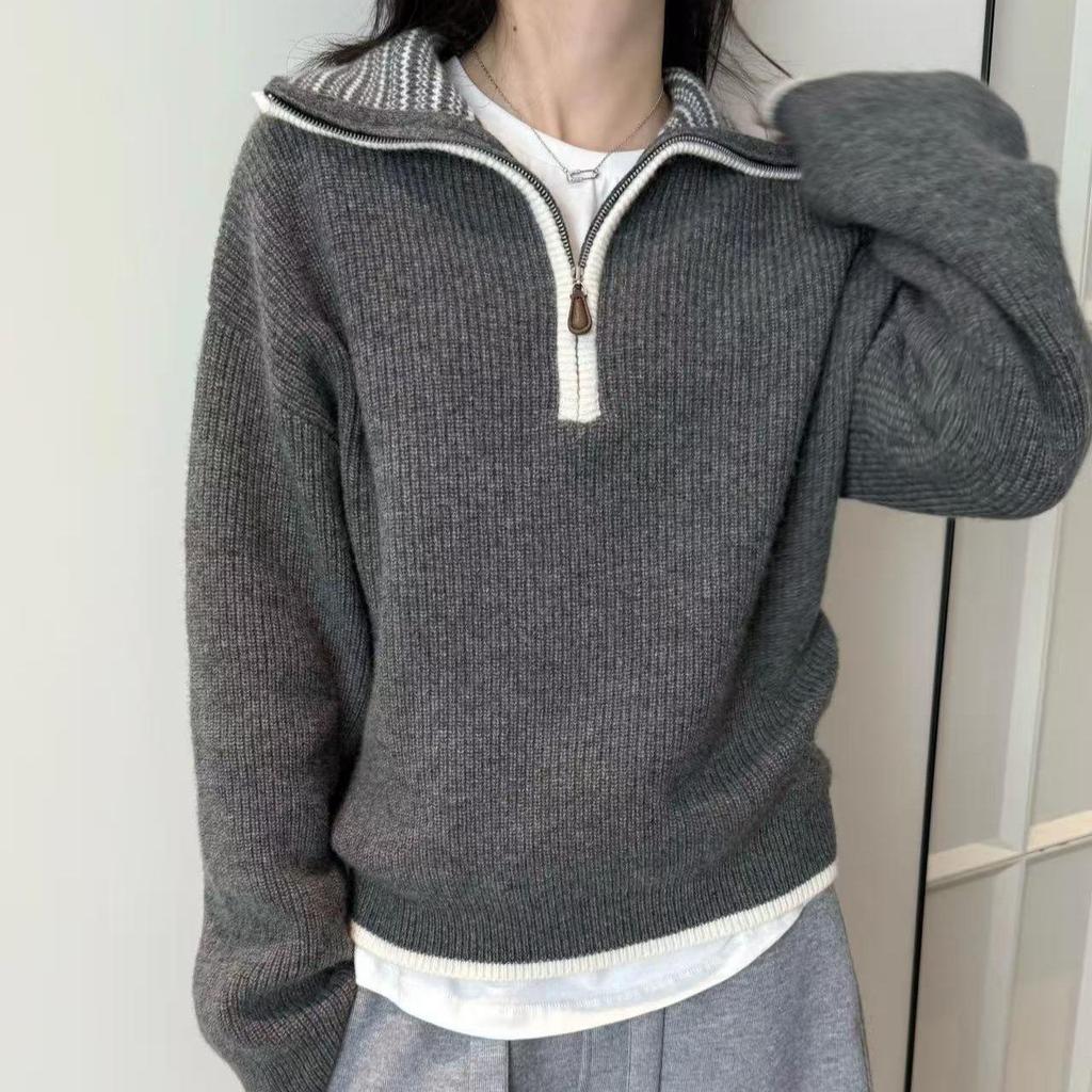 Women's Korean Style Color Block Wool Sweater - Loose Fit Half-Zip Knitwear for Autumn/Winter