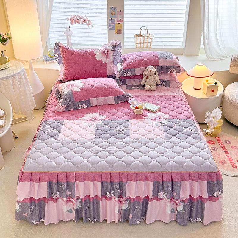 Fustă de pat prințesă matlasată cu dantelă în stil coreean – Cuvertură de pat groasă, din mătase periată, rezistentă la praf