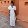 New European And American Casual V-Neck Tight-Fitting Hip-Wrapped Waist Bubble Short-Sleeved Dress