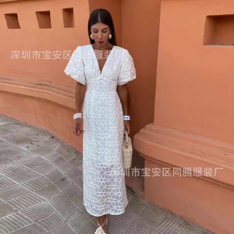 New European And American Casual V-Neck Tight-Fitting Hip-Wrapped Waist Bubble Short-Sleeved Dress