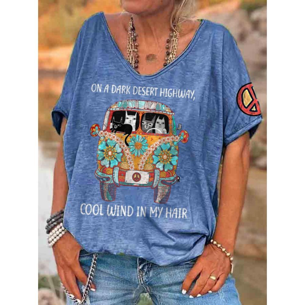 Hippie Damen V-Ausschnitt T-Shirt Sommer Strand Kurzarm Oberteile Lässig Locker Druck T-Shirts