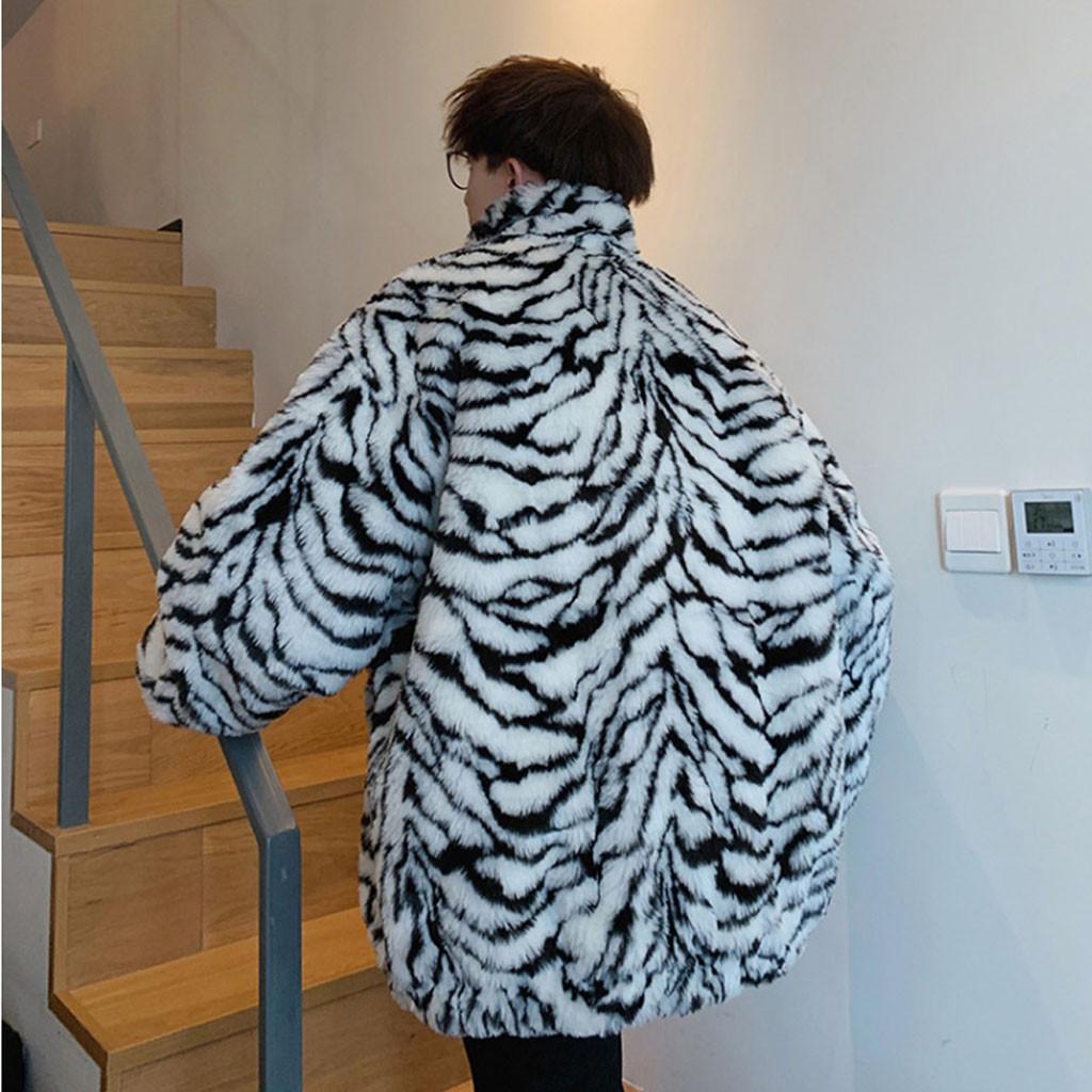 Men Leopard Winter Warm Fashion  Outdoor Woolen Faux-Fur' Coat Collar OverCoat