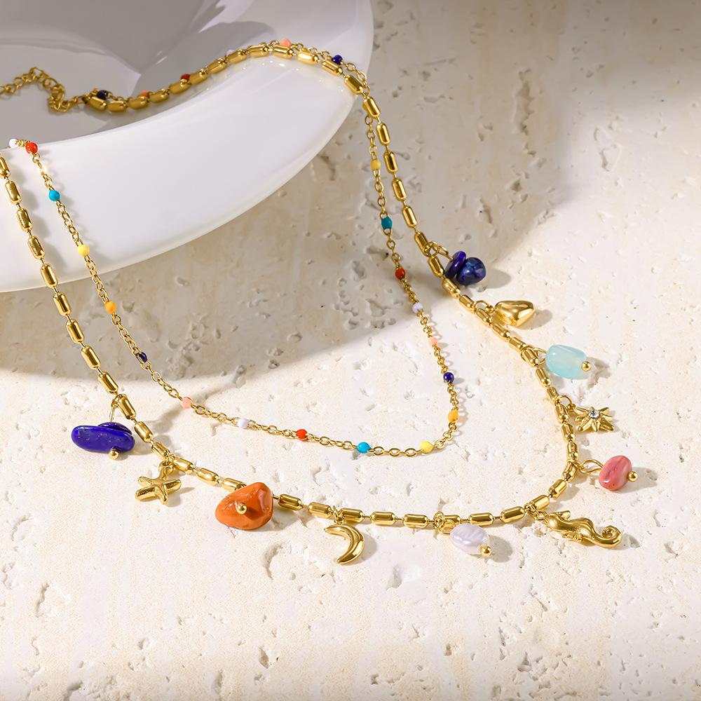 European and American holiday style stainless steel colored natural stone double-layer stacked necklace female seahorse starfish fringed pendant