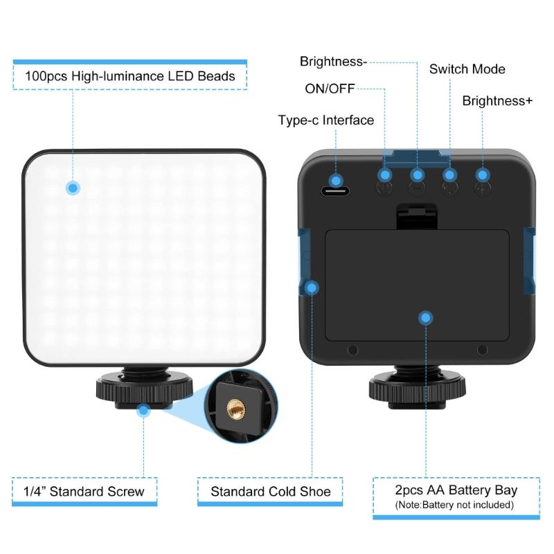 100 LED Mini Portable Photography Light 2900 6500K Adjustable Brightness 240LM USB C/2A Battery Power For Macro Video