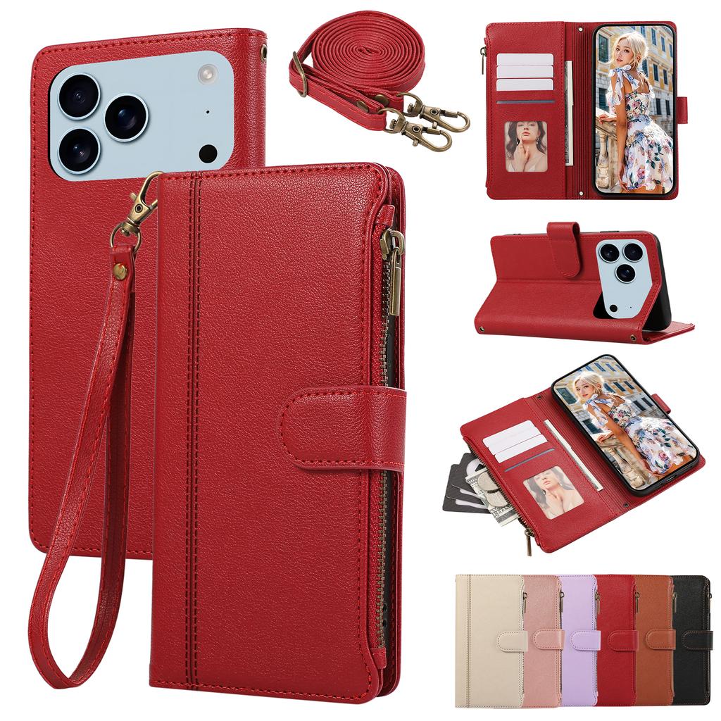 Crossbody Wrist Strap Wallet with Card Holder Phone Case for IPhone 17 Air 16 Plus 15 14 13 12 11 Pro Max XS XR Leather Cover