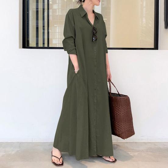 Damen-Frühlingskleid, Umlegekragen, locker, einreihig, langärmelig, reine Farbe, Knöpfe, Taschen, Hemdtyp, knöchellang, Herbst- und Alltags-Maxikleid