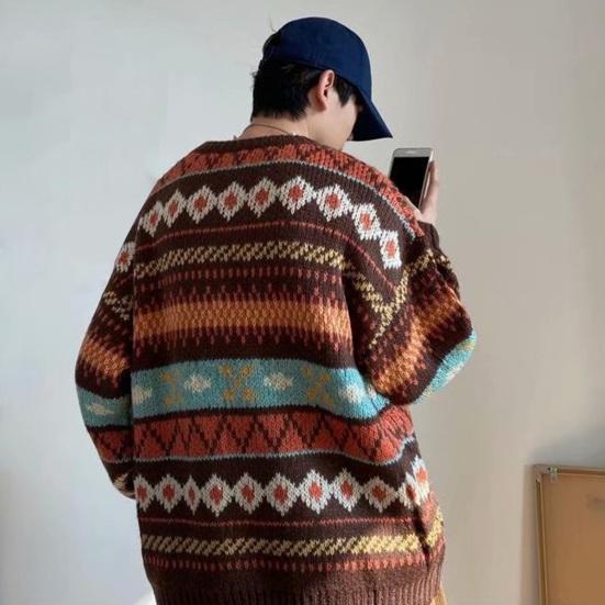 Men Autumn Sweater Geometric Print Colorful Long Sleeves Round Neck Loose Warm Thick O Neck Elastic Spring Sweater for Daily Wear
