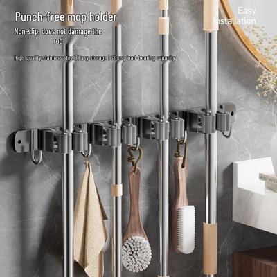 No-Drill Mop Holder & Storage Rack, Wall-Mounted for Bathroom/Balcony.