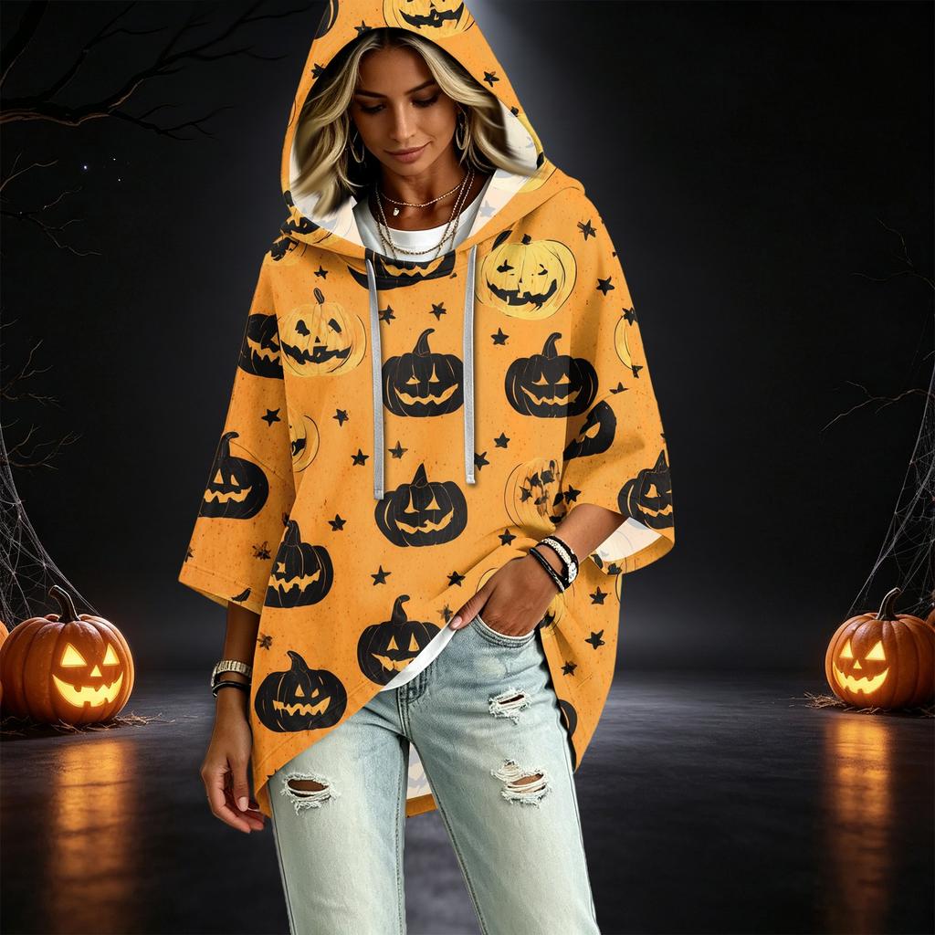 Women's Three-Quarter Sleeve Hoodie with Halloween Print Pullover Top