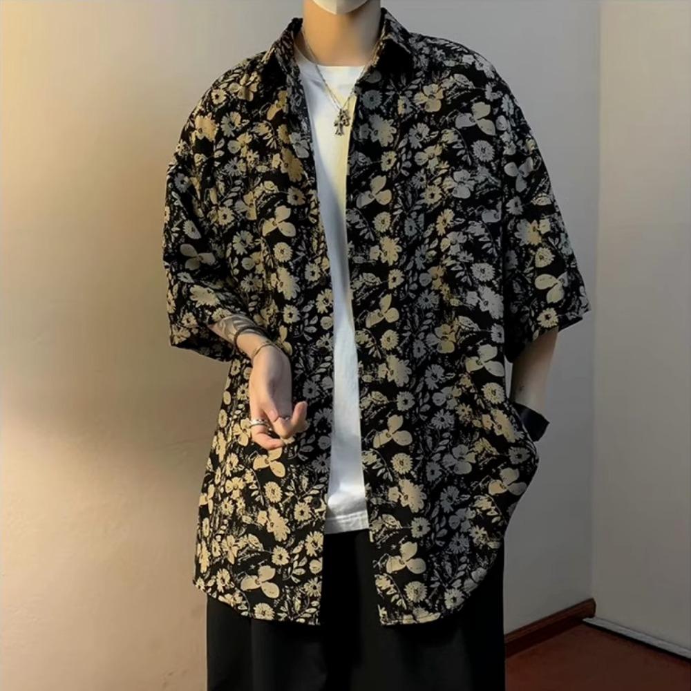 New Summer Loose Retro Hong Kong Style Design Niche Floral Shirt Men's Short-sleeved Handsome Casual
