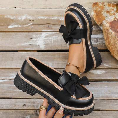 Mocassins à plateforme rétro à nœud papillon pour femmes Confort PU Cuir Slip On Ballerines Femme Antidérapantes Chaussures habillées style preppy pour l'automne 2025