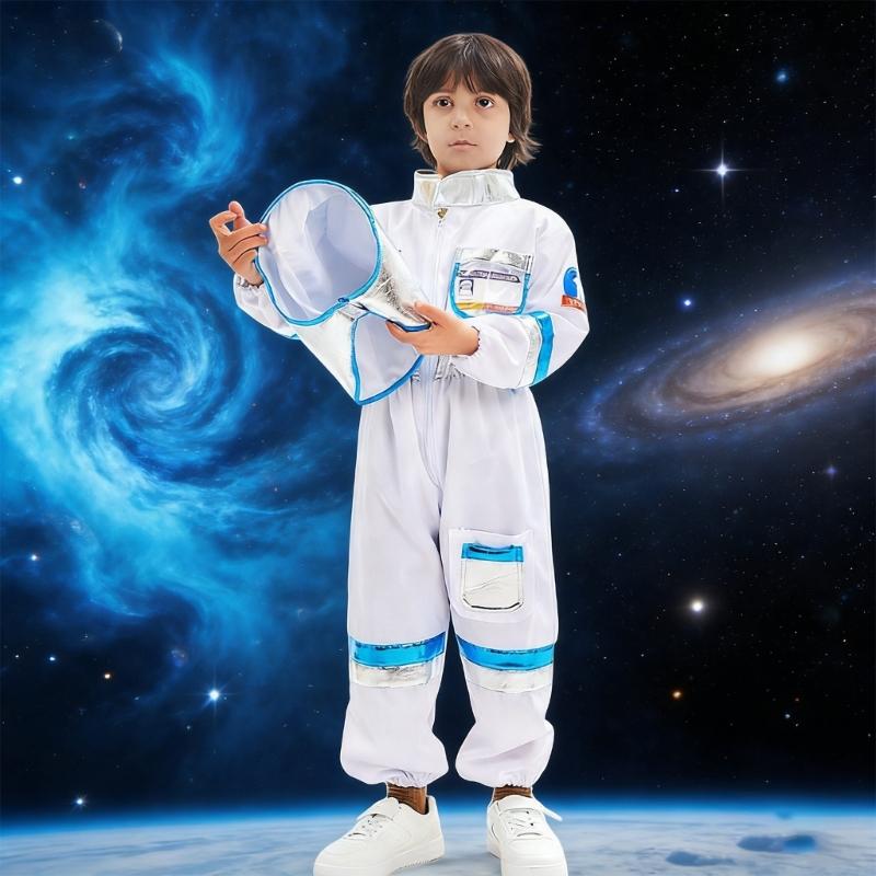 3Pcs Astronaut Costume Astronaut Suits Jumpsuit Gloves Cap Cosplay Halloween Costume Space Suits for Toddler,Kids