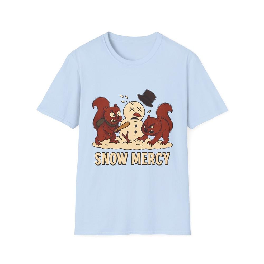 

Unisex Softstyle T-Shirt Dark Winter Humor “Snow Mercy” Squirrel with Bat 2XL