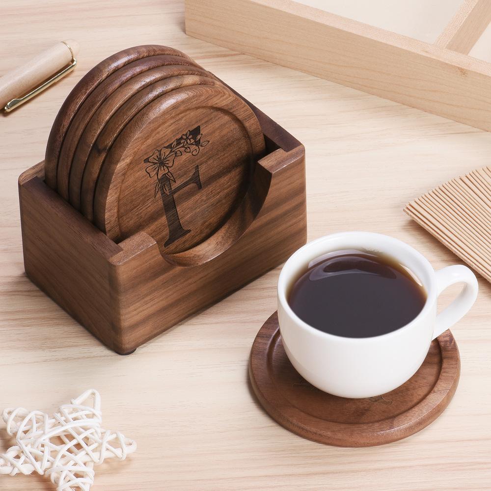 D2 Walnut Dark Coaster Set of 6 Pieces. Including The Holder Pure Natural Wood Texture. Wonderful Decor For Dining Tables Office