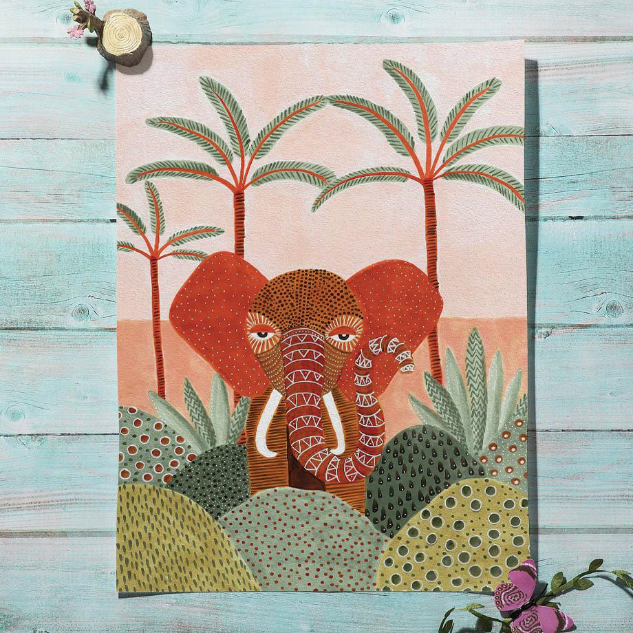 Akvarell Tropiskt Träd Giraff Elefant Boho Abstrakt Affischer Och Tryck Väggkonst Canvas Målning Bild Baby Barnrum Dekor