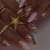 European Soft Pink Almond 3D Starfish Gold Foil Shell Textured Wearable False Nails with Nail Art Stickers